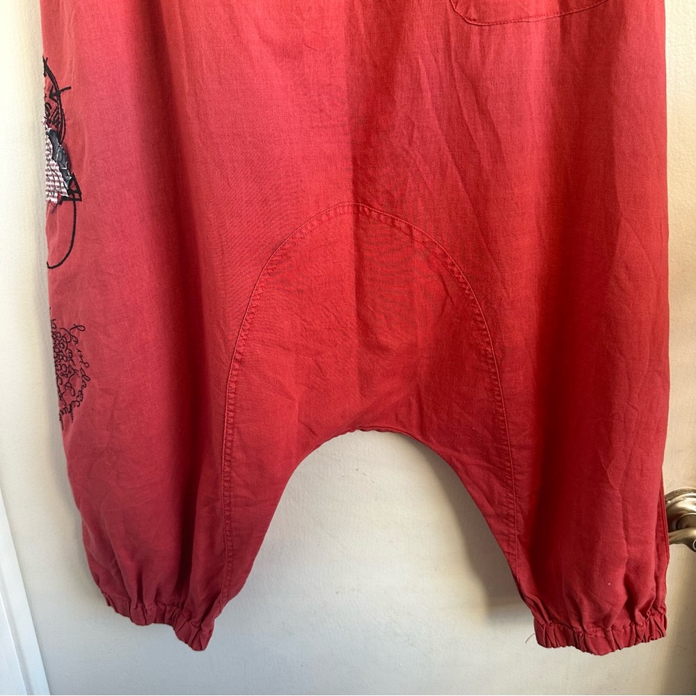 RARE Desigual Vibrant Coral Red Embroidered Appliquéd Cotton Boho Harem Pants - Picture 7 of 13